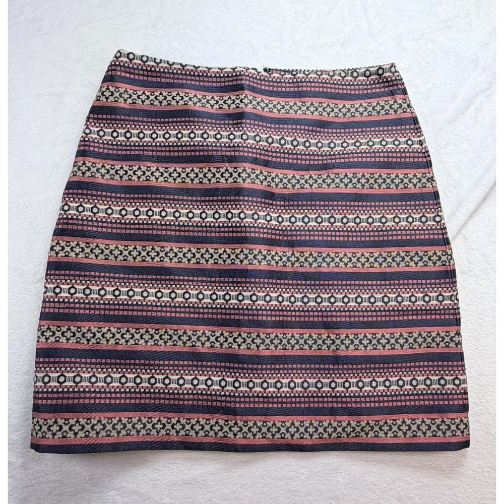 LOFT Jacquard Geometric Stripe Mini Skirt Size 0 Blue Red Woven Lined Zip Office
